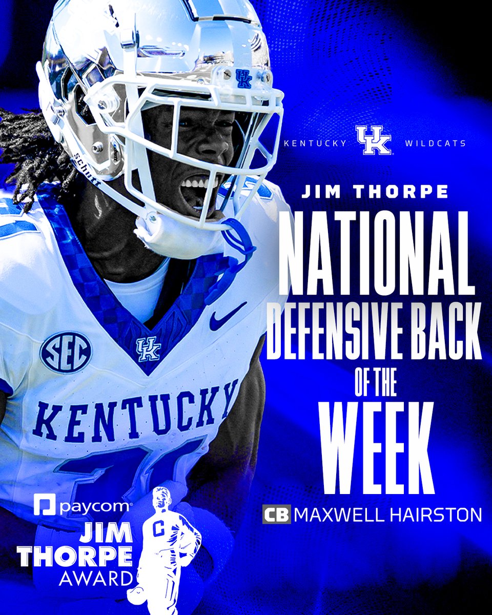Kentucky Football (@ukfootball) on Twitter photo And another one. <a href="/MHairston22/">MadMax ยนแต</a> is the <a href="/jimthorpeaward/">Paycom Jim Thorpe Award</a> National Defensive Back of the Week.
๐ฐ๐bit.ly/3t9pORE And another one. <a href="/MHairston22/">MadMax ยนแต</a> is the <a href="/jimthorpeaward/">Paycom Jim Thorpe Award</a> National Defensive Back of the Week.
๐ฐ๐bit.ly/3t9pORE