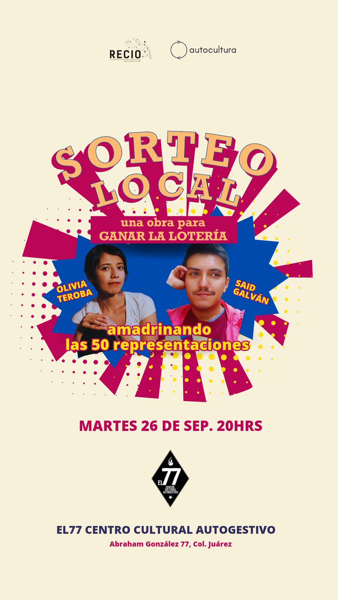 laBvaleria's tweet image. Unas guapuras de personas estarán amadrianando la función de hoy 😍✨
@oliviateroba @SaidGalvn 
#SorteoLocal vamos por ese Premio Mayor en escena.
Nos vemos en @el77cultural