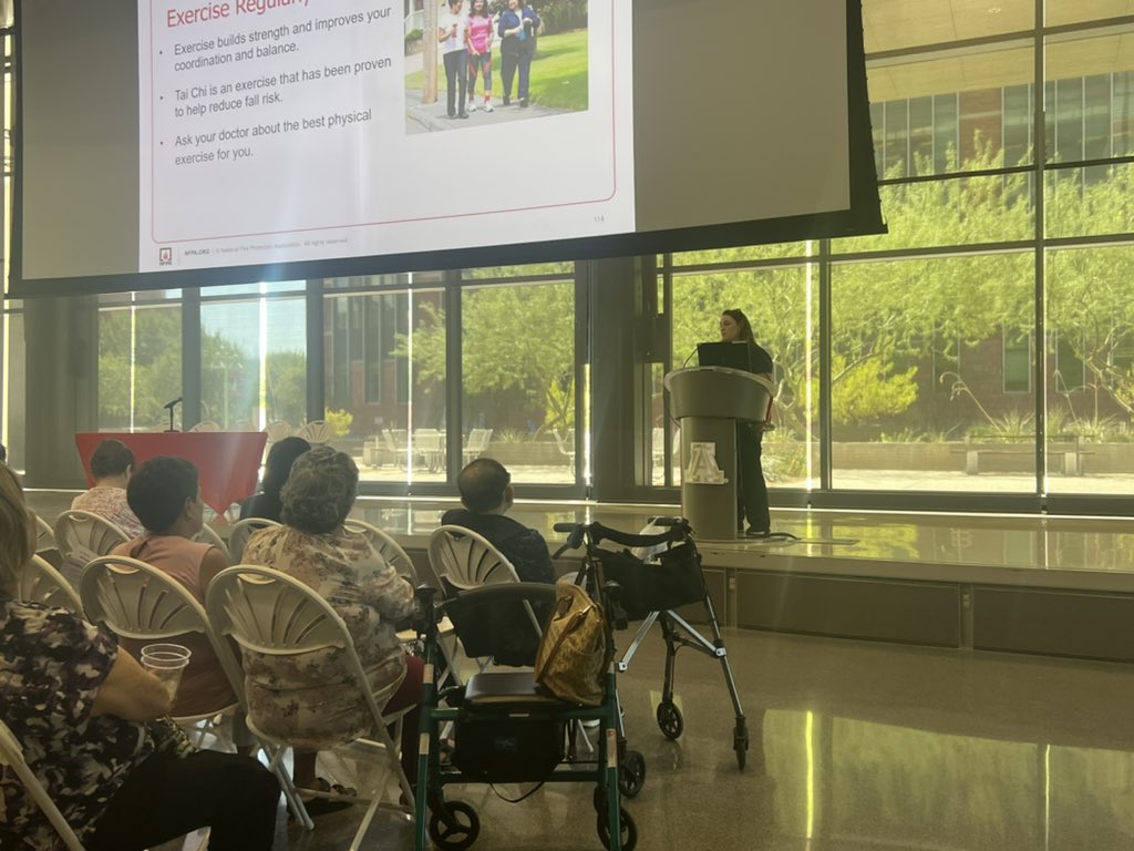 TucsonFireDept's tweet photo. FALL PREVENTION SAFETY🚑Yesterday our Public Education Safety Specialist Janela Livingston gave a presentation on how to prevent fall injuries at home to the attendees of the @uarizona Fall Prevention Fair. Valuable information for all, young or old! 👏
#TFD #fallinjuries https://t.co/x3GMy3fOan