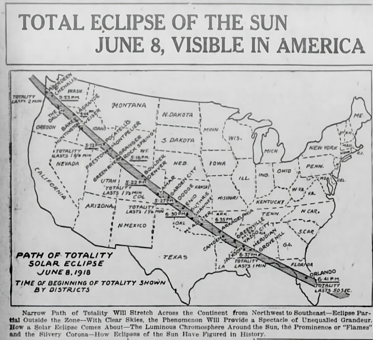 SkyEclipse24's tweet photo. The June 8,1918 total #solareclipse went down in history as one of the most mesmerizing moments of the 20th Century.
Despite #worldwar1 going on at the time,the #eclipse gave people a moment to step away from the war.

The April 8, 2024 #totaleclipse gives us another chance. #USA https://t.co/fNnHtJd08y