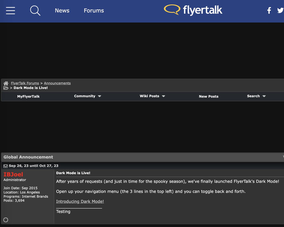 goodc0re's tweet photo. Flyertalk introduces dark mode:
https://t.co/hy1U6YqpoP
@StefanYTTV @FlyFreeMD @LoyaltyLobby @onemileatatime @AwardWallet @SecretFlying @goingtweets @NerdWallet @princeof_travel @FrequentMiler
#flyertalk #travel https://t.co/oR5qHoIayI