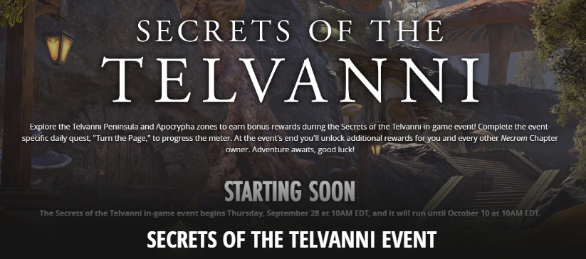 NefasUpdates's tweet photo. ๐คซ @TESOnline Secrets of the Telvanni event starts Thursday, September 28th at 10am EST! You can find out more about the event, like how to participate and the rewards you can earn, at our website! ๐
๐คซ https://t.co/r5Z8BjKNzm
#ESO #ESOFam #ESOevent https://t.co/xMLbJwfK4E