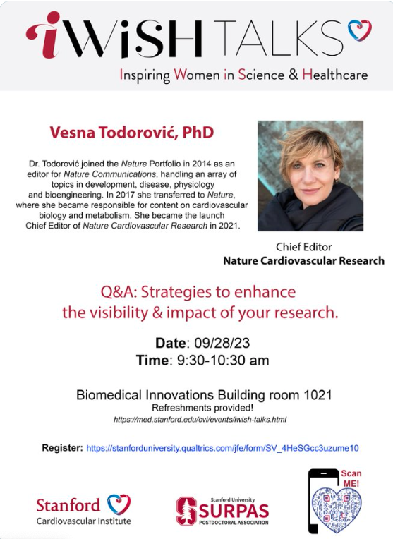 Stanford CVI MAVENS (@scvi_mavens) on Twitter photo <a href="/iWISH_Talks/">iWISH Talks</a> is an important conversation starter for #WomenInScience! Join their next talk with <a href="/Vesna_Tod/">Vesna TodoroviÄ</a> from <a href="/NatureCVR/">Nature Cardiovascular Research</a> on Sept 28. Register for Zoom or in person.
<a href="/stanfordSURPAS/">SURPAS - #StanfordPostdoc Association</a> <a href="/StanfordCVI/">Stanford CVI</a> <a href="/StanfordMed/">Stanford Medicine</a> <a href="/StanfordDeptMed/">Stanford Department of Medicine</a> <a href="/stanfordvasc/">Stanford Vascular</a> <a href="/StanfordCTSurg/">Stanford Cardiothoracic Surgery</a> <a href="/iWISH_Talks/">iWISH Talks</a> is an important conversation starter for #WomenInScience! Join their next talk with <a href="/Vesna_Tod/">Vesna TodoroviÄ</a> from <a href="/NatureCVR/">Nature Cardiovascular Research</a> on Sept 28. Register for Zoom or in person.
<a href="/stanfordSURPAS/">SURPAS - #StanfordPostdoc Association</a> <a href="/StanfordCVI/">Stanford CVI</a> <a href="/StanfordMed/">Stanford Medicine</a> <a href="/StanfordDeptMed/">Stanford Department of Medicine</a> <a href="/stanfordvasc/">Stanford Vascular</a> <a href="/StanfordCTSurg/">Stanford Cardiothoracic Surgery</a>