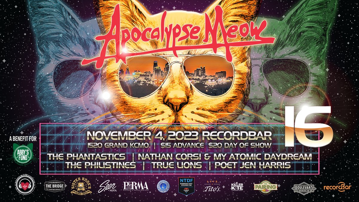 Midwest Music Foundation (@midwestmusic) on Twitter photo JUST ANNOUNCED! Our lineup for Apocalypse Meow 16 on Nov. 4th, 2023, features @thephantastics, <a href="/NathanCorsi/">Nathan Corsi</a> and My Atomic Daydream, The Philistines, True Lions, and Poet Jen Harris.
Come party on 11/4 at @recordbar
6pm doors/7pm show
$15 adv/$20 dos
therecordbar.com/tickets JUST ANNOUNCED! Our lineup for Apocalypse Meow 16 on Nov. 4th, 2023, features @thephantastics, <a href="/NathanCorsi/">Nathan Corsi</a> and My Atomic Daydream, The Philistines, True Lions, and Poet Jen Harris.
Come party on 11/4 at @recordbar
6pm doors/7pm show
$15 adv/$20 dos
therecordbar.com/tickets