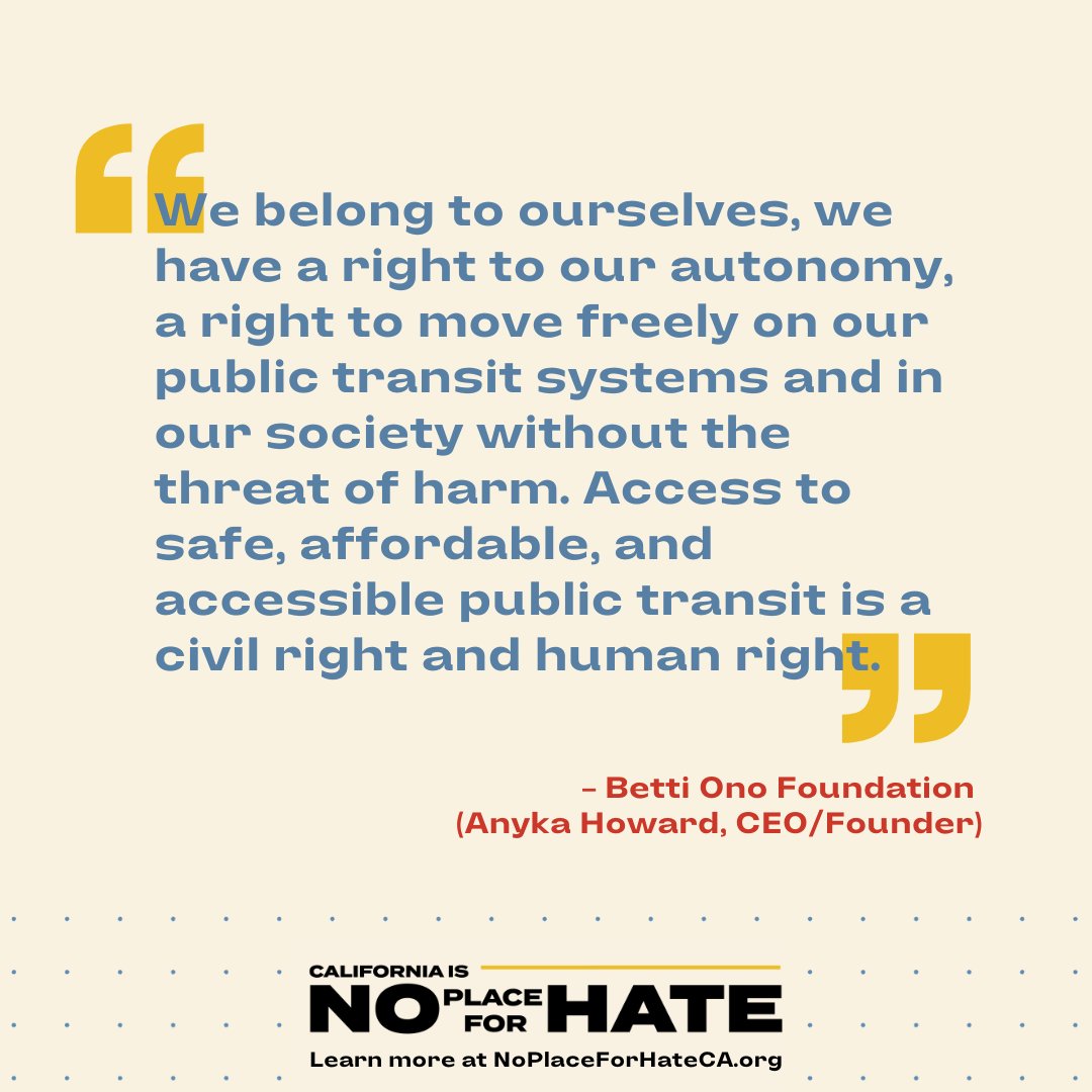 Anyka Howard (@BettiOno) says it best: 'Access to safe, affordable, and accessible public transit is a civil right and human right.' It's why we're calling on @CAGovernor @GavinNewsom to sign #SB434 to protect transit riders and make sure public transit is #NoPlaceForHateCA.