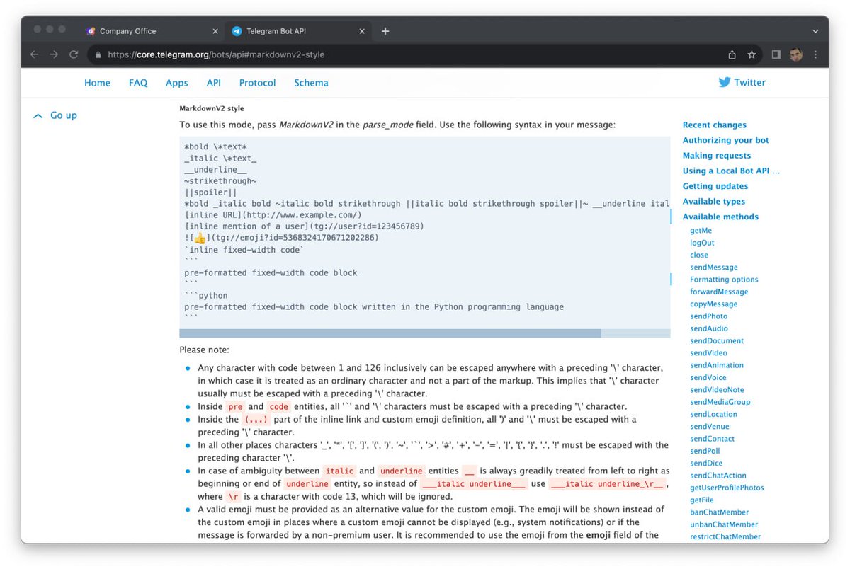 dushesatwork's tweet image. Делаю telequiz.online

Добавляю возможность форматирования текста для кастомной команды Telegram бота Компании синтаксисом markdown-v2 (core.telegram.org/bots/api#markd…).
 
#buildinpublic #flutterweb