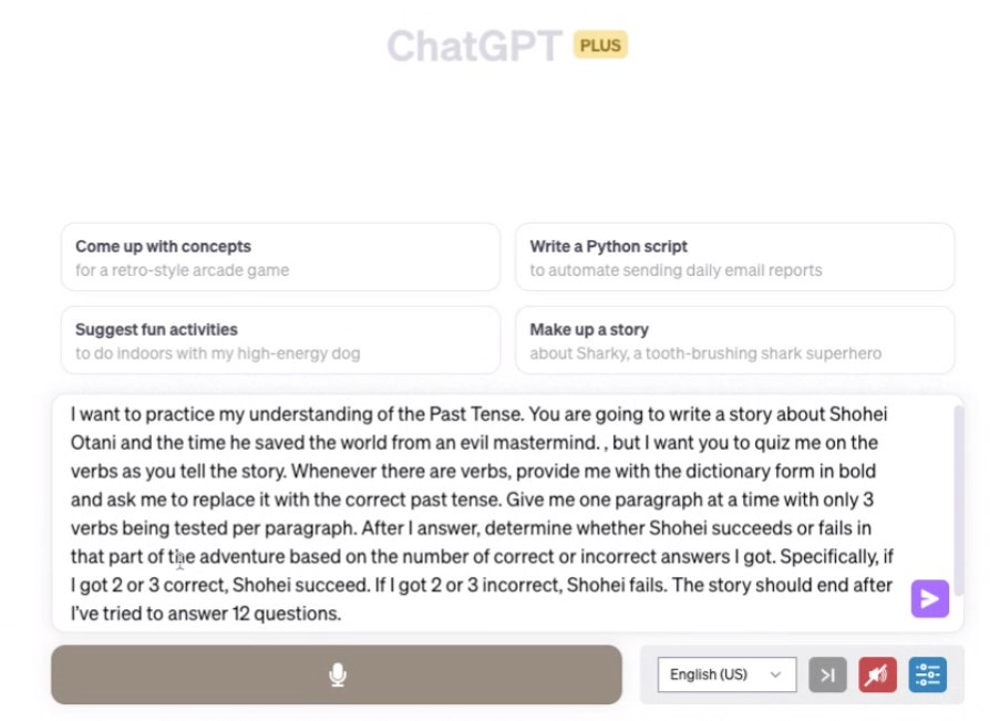 Prompt ChatGPT to create Past Tense practice by Brent Warner. #TESOL #chatgpt