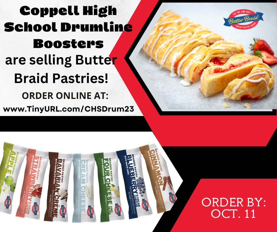 The Coppell High School Drumline is participating in another fundraiser this season. We are selling the famous Butter Braids! 

Last date to order is October 11th and your yummy treats will arrive on October 26th!

store.myfundraisingplace.com/SelectProducts…