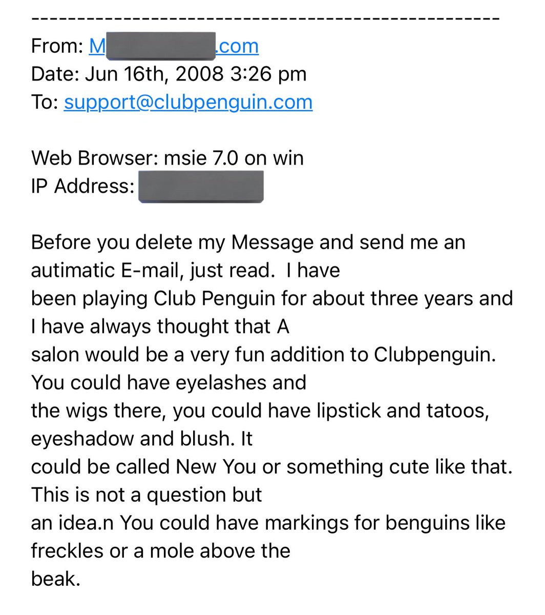 MichaelaOkla's tweet photo. Found a very sick email I sent to Club Penguin in 2008 that’s so slay https://t.co/qCEiAHOxXt