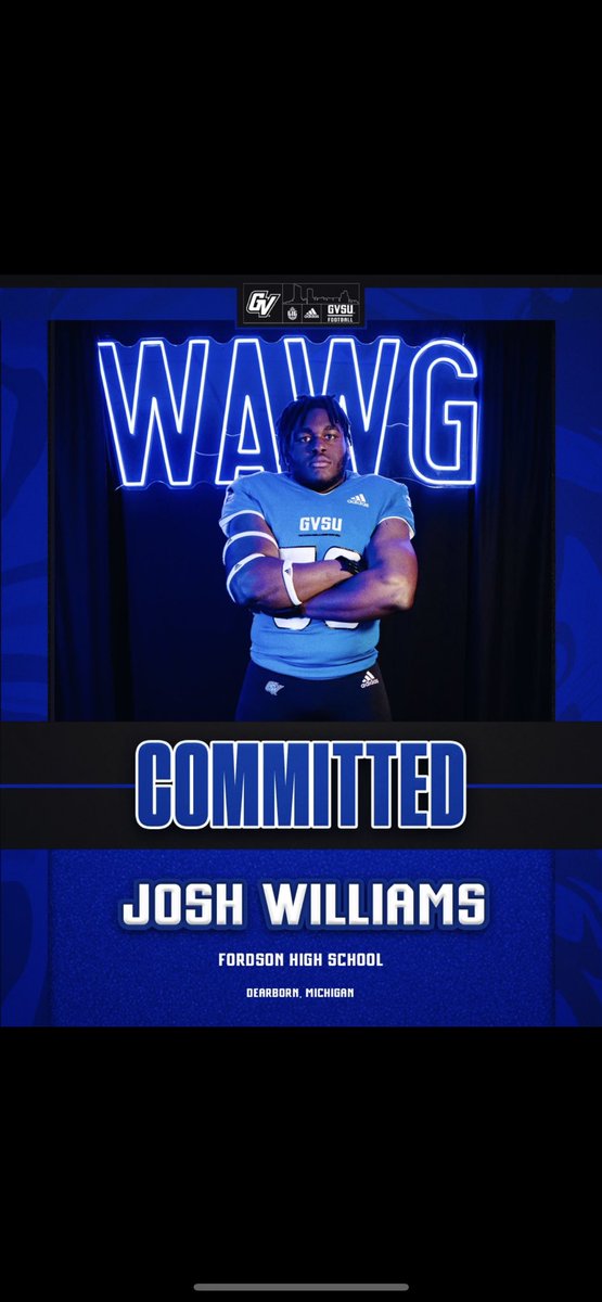 JOSHW50's tweet photo. After a great conversation with my family and coaching staff, I am excited to announce that I have committed to Grand Valley State University. Can’t wait to be a LAKER. #AnchorUp 

🔵⚪️⚫️ @CoachZeekGVSU @CoachWooster @H_Hamid6 https://t.co/OiXqZAIU5A