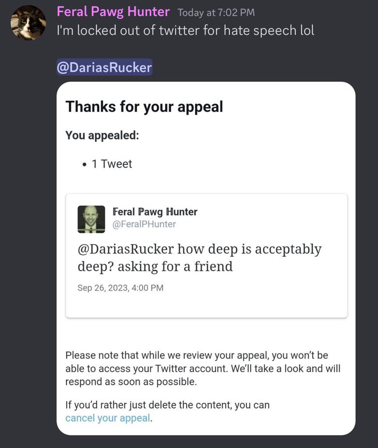 DariasRucker's tweet photo. he got punished for asking a valid question 
😔✊

free @FeralPHunter !! https://t.co/tJPBEEdiQ5