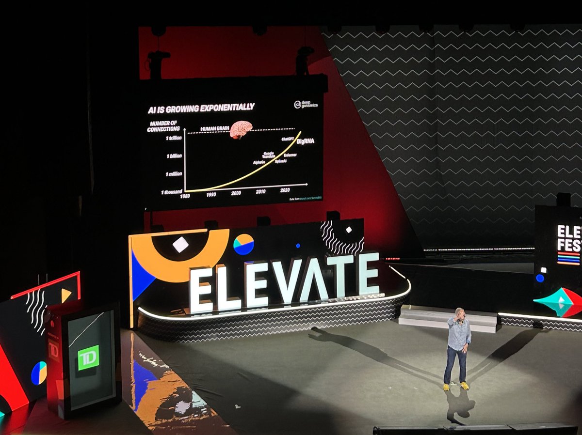 ContentKellie's tweet photo. Today’s terrifying quote from #ElevateFest2023: 

"You can expect #AI to surpass the human brain in about two years." - Brendan Frey of #DeepGenomics

@ElevateTechCA https://t.co/sOLMDCwnfU