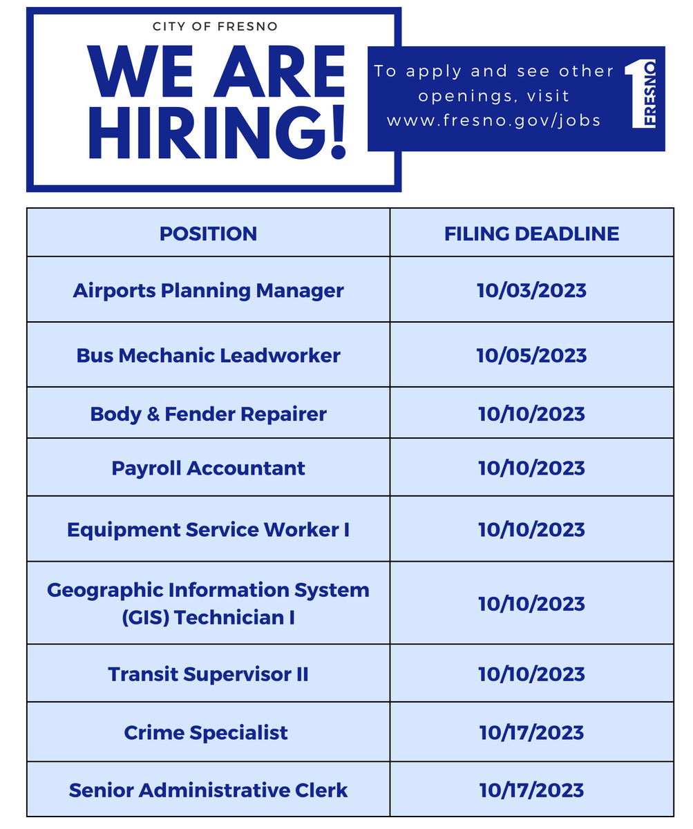 CityofFresno's tweet photo. We are hiring!!! 
Apply now at: https://t.co/brMD6YrmNg https://t.co/neMX9SyRk7