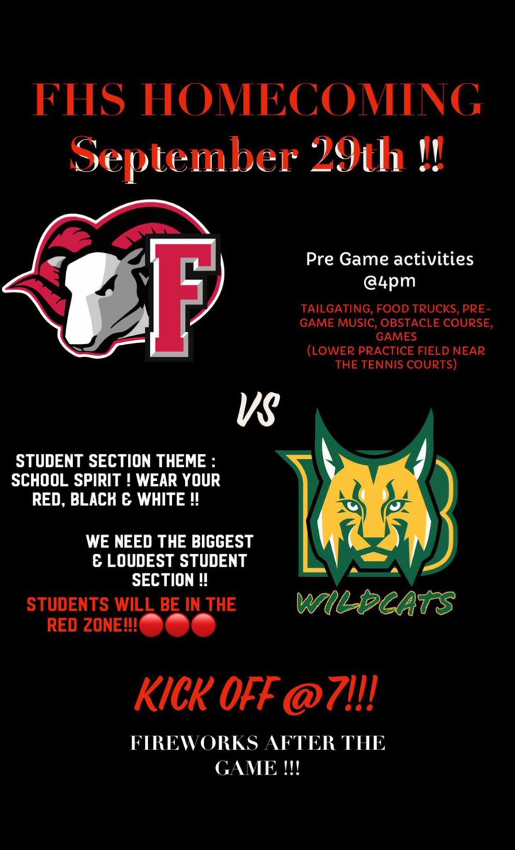 FHSAthletics6's tweet photo. Students!! Be there!!!! #Homecoming #100Years #GetLoud https://t.co/SNQJWOraXo