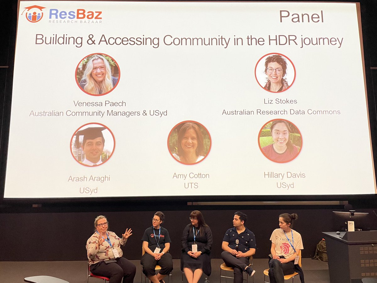 ResBazSyd's tweet photo. Back for day 2 and we’re kicking off with a discussion on building and accessing community, great line up of panelists from @Sydney_Uni @UTSEngage and @ARDC_AU 
#ResBazSydney2023 https://t.co/uzjPrNdBcw
