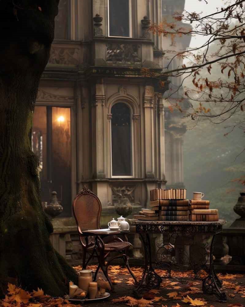 Autumn Reading  at the Mansion ~

@Architectolder 
#autumn #beautifularchitecture #oldbooks #outdoors #historichomes #readingforpleasure  #mist #fog #fallweather