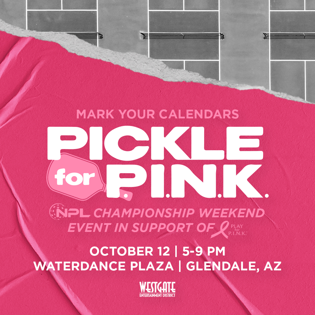 NatPBLeague's tweet image. Mark your calendars 💞 We're hosting a one-of-a-kind charity event to kick off the NPL Championship Weekend in support of @PlayforPINK!⁣ Join us on October 12th from 5-9 PM in the WaterDance Plaza of @Westgate_AZ in honor of Breast Cancer Awareness Month. Stay tuned for more!