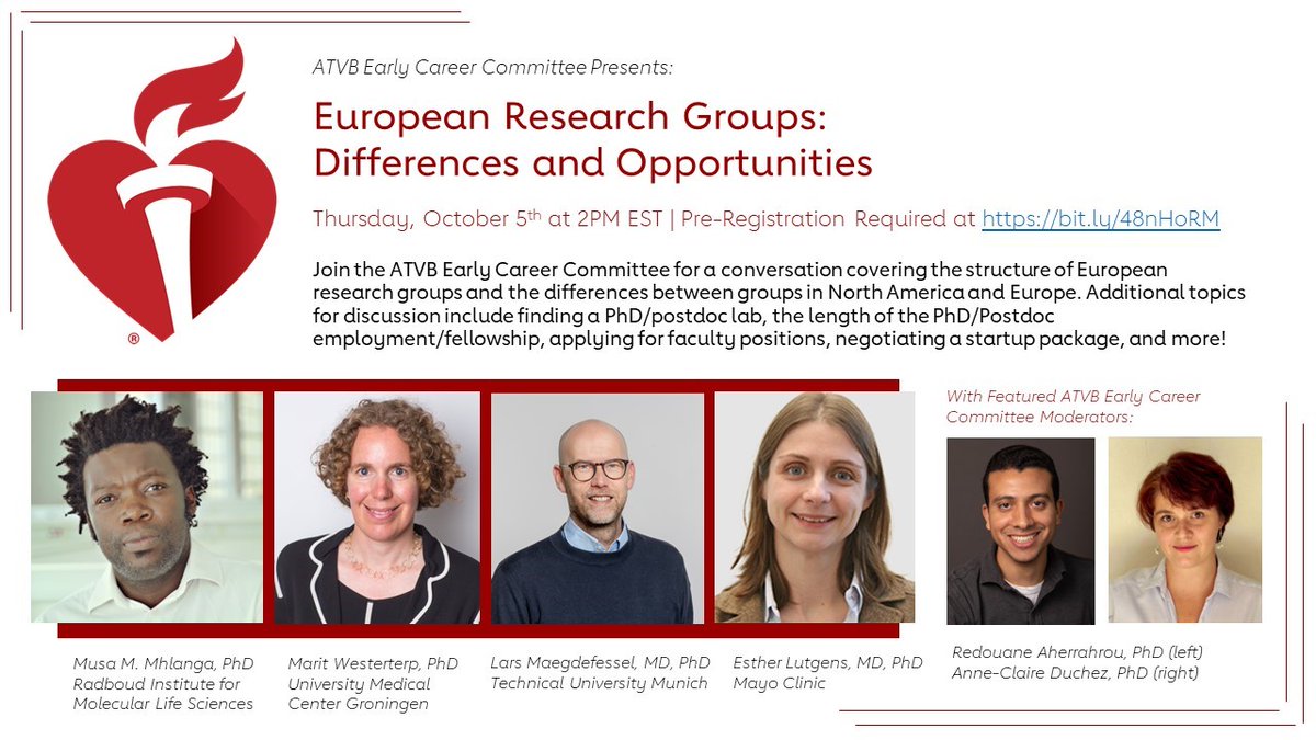 ATVB Early Career Committee (@atvbearlycareer) on Twitter photo Thursday Oct. 5th @2PM EST <a href="/ATVBEarlyCareer/">ATVB Early Career Committee</a> presents a webinar:
"European Research Groups: Differences and Opportunities"
Join our panelists @LarsMaeg <a href="/LutgensEsther/">Esther Lutgens</a> Marit Westerterp, Musa Malanga. <a href="/ATVBCouncil/">ATVB Council</a> <a href="/atvbwlc/">ATVBWLC</a>
To register: bit.ly/469BKl4 Thursday Oct. 5th @2PM EST <a href="/ATVBEarlyCareer/">ATVB Early Career Committee</a> presents a webinar:
"European Research Groups: Differences and Opportunities"
Join our panelists @LarsMaeg <a href="/LutgensEsther/">Esther Lutgens</a> Marit Westerterp, Musa Malanga. <a href="/ATVBCouncil/">ATVB Council</a> <a href="/atvbwlc/">ATVBWLC</a>
To register: bit.ly/469BKl4