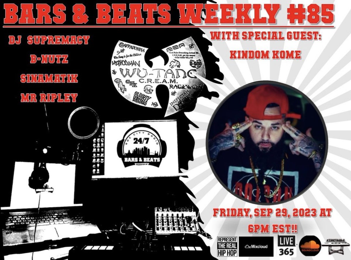 KingdomKome's tweet photo. This Friday 9/29 at 6PM EST 🗓️
I’ll be live on Bars &amp; Beats Weekly with @RocCityRadio1 
dive in and chop it up with the #barsandbeatsweekly crew💥 Tap in! 
#kingdomkome #roccityradio #realrap #boombaphiphop #roccityradioweeklymixtape #hiphop https://t.co/qi5e7bIgIQ