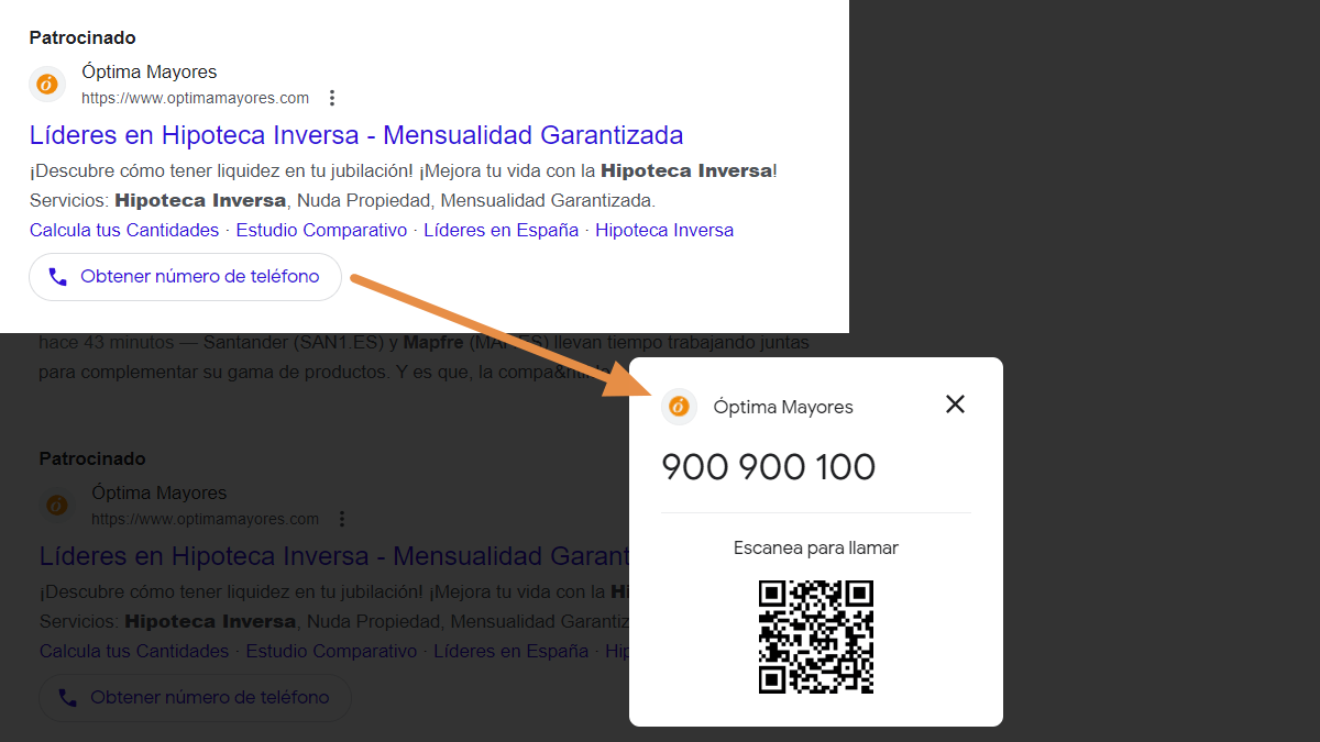 #Google testea el diseño de la extensión de teléfono de #GoogleAds en el desktop. 🖥 Ahora muestra el QR en un pop-up con el nombre de la empresa y su logotipo. #SEM #PPC
