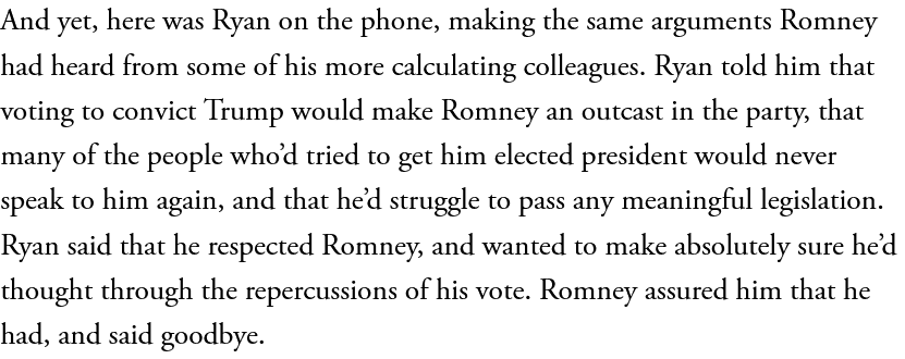 And here's Paul Ryan lobbying Mitt Romney not to vote to convict Trump during his Senate impeachment trial. He's exactly as morally bankrupt as the very people he criticizes. theatlantic.com/magazine/archi…