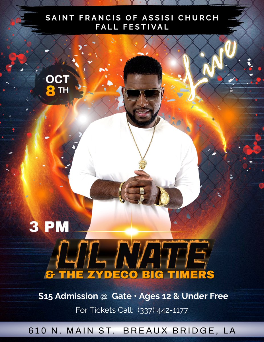 SFABreauxBridge's tweet photo. Francis of Assisi Fall Festival
Lil Nate & The Zydeco Big Timers
Sunday, October 8, 2023
3 p.m.
$10 in advance, $15 @ the gate
Tickets will be sold after Masses this weekend.
#fallfestival #stfrancisofassisi #breauxbridge #LilNate https://t.co/mXdCkrpNOq