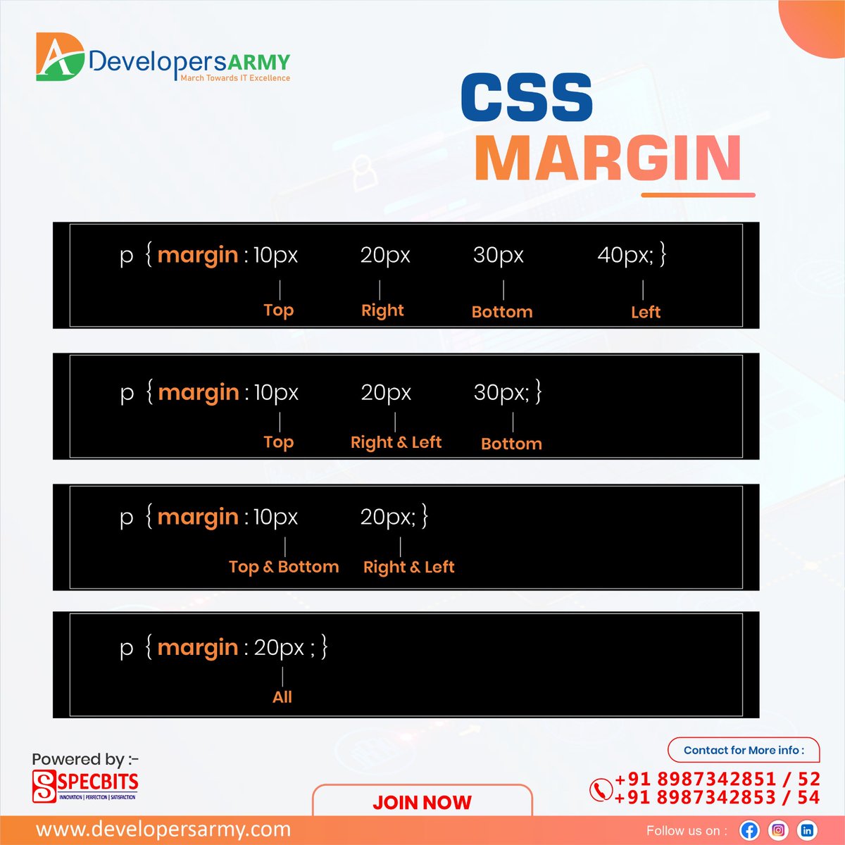 DevelopersArmy's tweet image. 📢 Dive into the world of CSS Margin! 🖌️
#CSSMargin #WebDevelopment #DevelopersArmy #CodingTips #WebDesign #LearnCoding #CSS #Spacing #WebDev #CodeLikeAPro