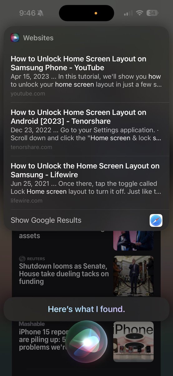 wagerd's tweet photo. Siri’s response when I asked “how do I set what’s on my Home Screen when the phone is locked?” - somebody might want to adjust her algorithms… https://t.co/5yn63xjSY0