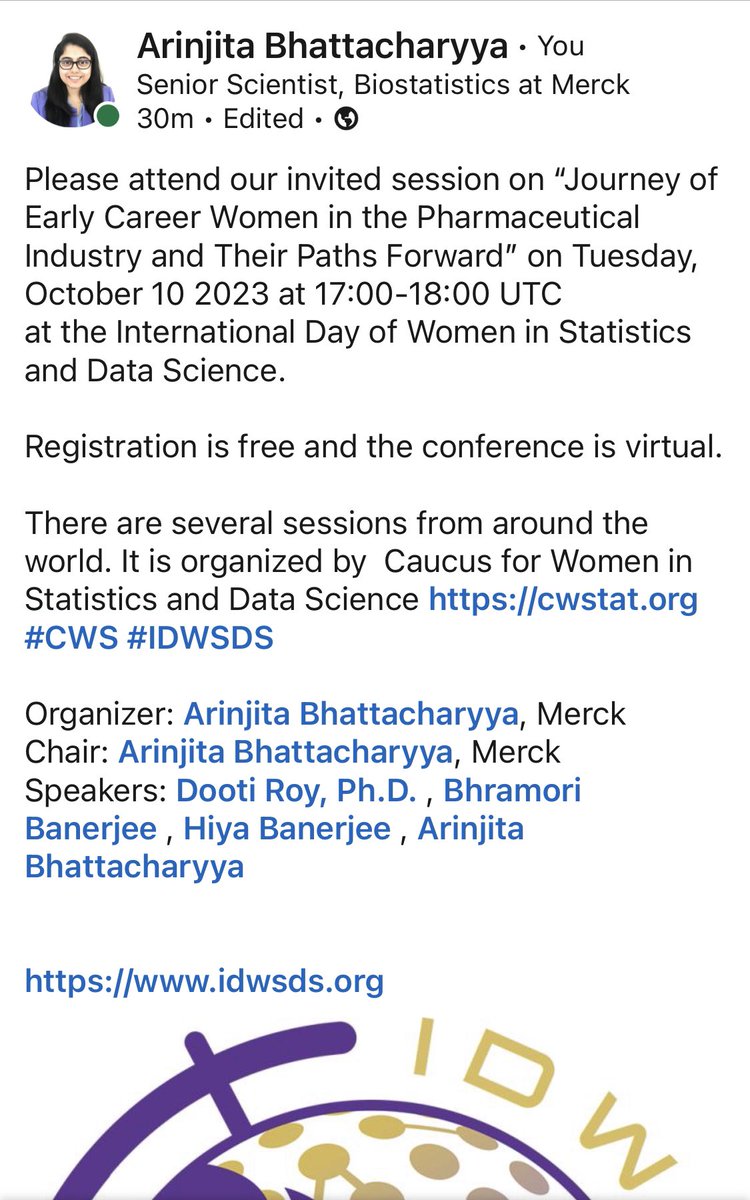 arinjita's tweet image. Invited session at #IDWSDS2023 @cwstat Please attend it’s free and virtual.