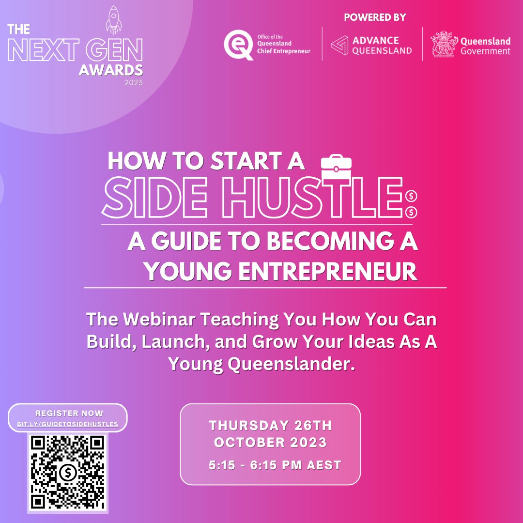 Ready to launch your business idea? Don't miss the 'How To Start A Side Hustle' webinar on Oct 26. Learn how young entrepreneurs can succeed and tap into support networks in Queensland. Free for young Queenslanders and educators. Get your ticket at bit.ly/sidehustleyoun….