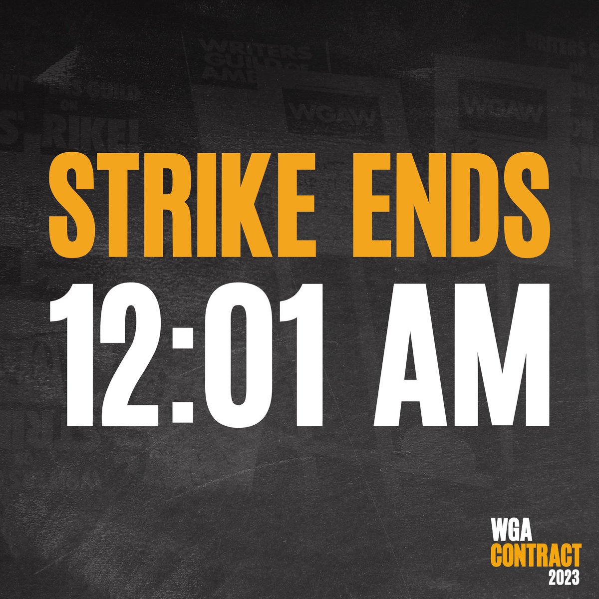 The WGA reached a tentative agreement with the AMPTP. Today, our Negotiating Committee, WGAW Board, and WGAE Council all voted unanimously to recommend the agreement. The strike ends at 12:01 am. Check out our deal at wgacontract2023.org/deal. #WGAStrong