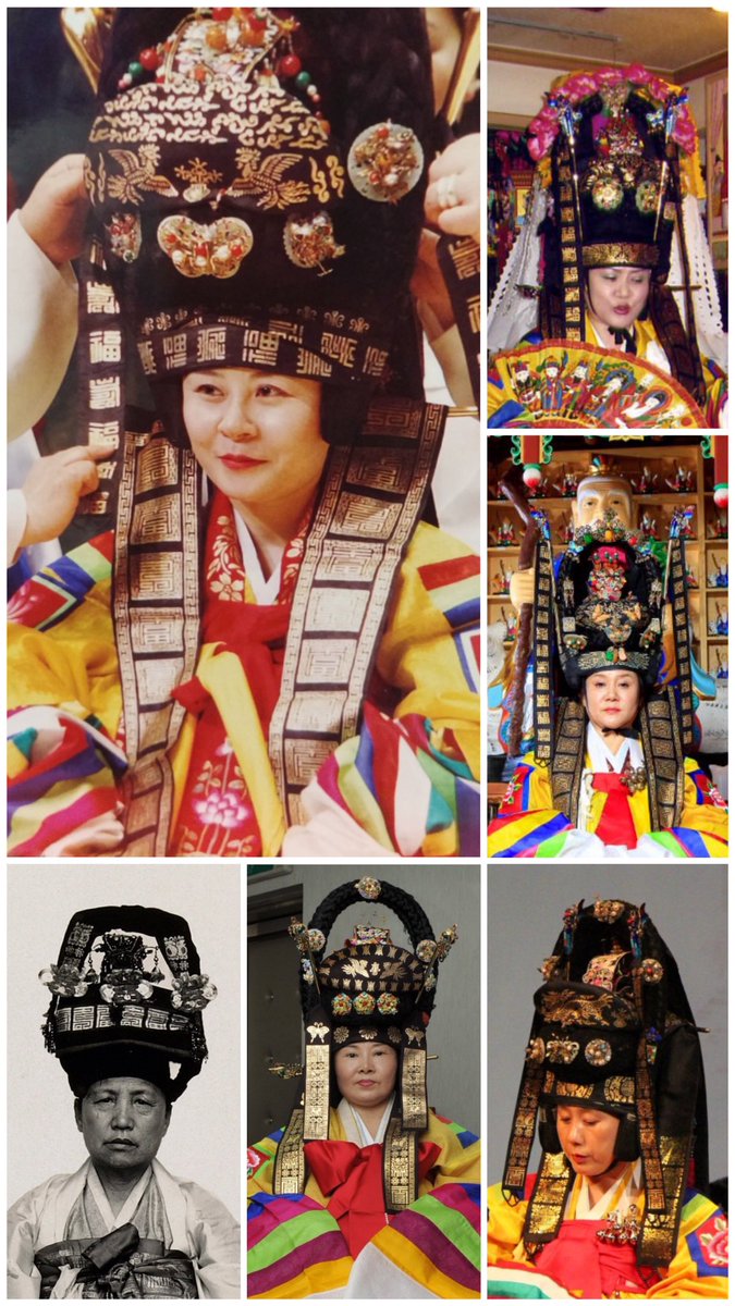 bbnotbby's tweet photo. Headdress of shaman during a Seoul Saenamgut (서울 새남굿) ritual. The headdress and clothes symbolize Princess Bari, the deity who guides souls to the underworld. Although designs differ, hairpieces commonly have the following: 화관, 비녀, 떨잠, 도투락댕기, and 드림댕기.

#Korea https://t.co/IONKv40nA2