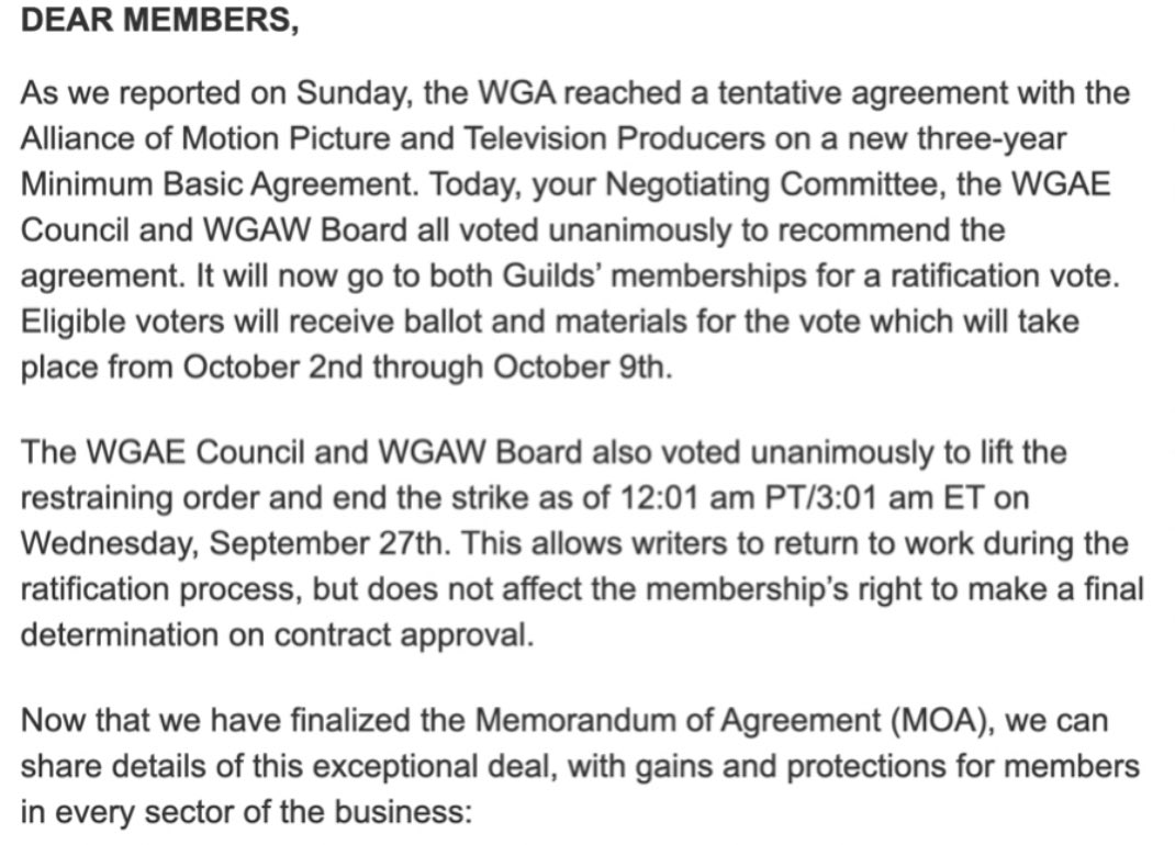 NEWS: The Council of WGAE and the Board of WGAW have jointly decided to conclude the writers' strike as of tomorrow, September 27. This will allow writers to get back to their jobs, including the resumption of scriptwriting for One Piece Season 2. 👀🥳✨