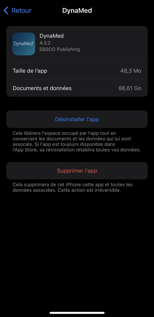 There’s software bloat, and then there’s <a href="/EBSCO/">EBSCO</a> software bloat. I don’t remember signing up to download half of all medical literature ever published on my iPhone.
Documents and data 1800x app size? No wonder it’s acting so slow…