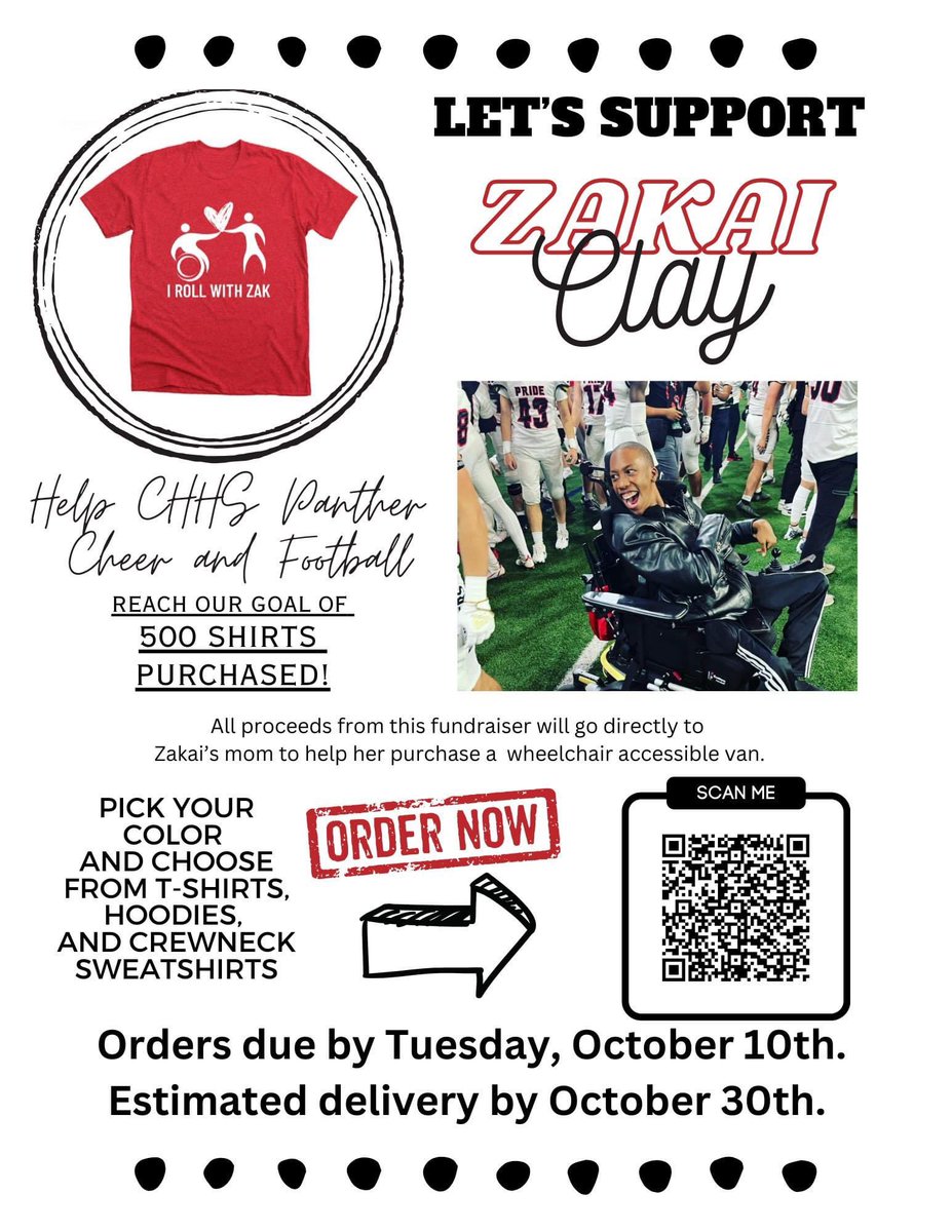 <a href="/CHHS_FOOTBALL/">CHHS Football</a> &amp; <a href="/ch_panthercheer/">Colleyville Heritage Panther Cheer</a> are coming together to raise funds for the amazing <a href="/Zak_Clay19/">Zakai Clay</a> ! All proceeds from the shirts will go to Zak’s family to purchase a wheelchair accessible van for him! Please consider purchasing a shirt! Here is the link: bonfire.com/i-roll-with-za…