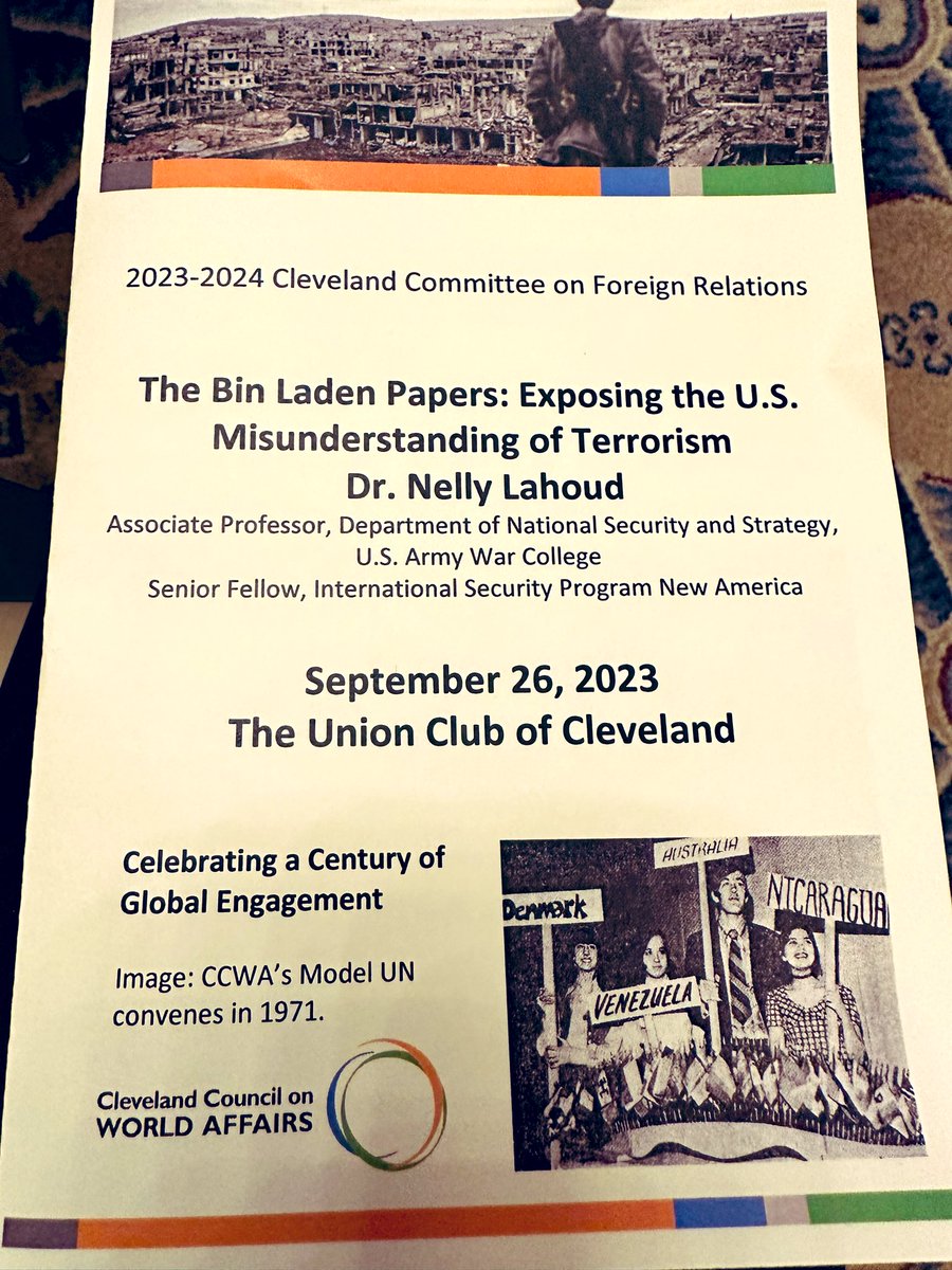IrishInCle's tweet image. Great event hosted by @CleWorldAffairs this evening featuring Dr Nelly Lahoud. Her book gives an inside look at al-Qaeda from 9/11 to the death of Bin Laden thru his words based on documents recovered in the Abbottabad raid #CCWA  #TheBinLadenPapers #cleveland #worldaffairs 🌎