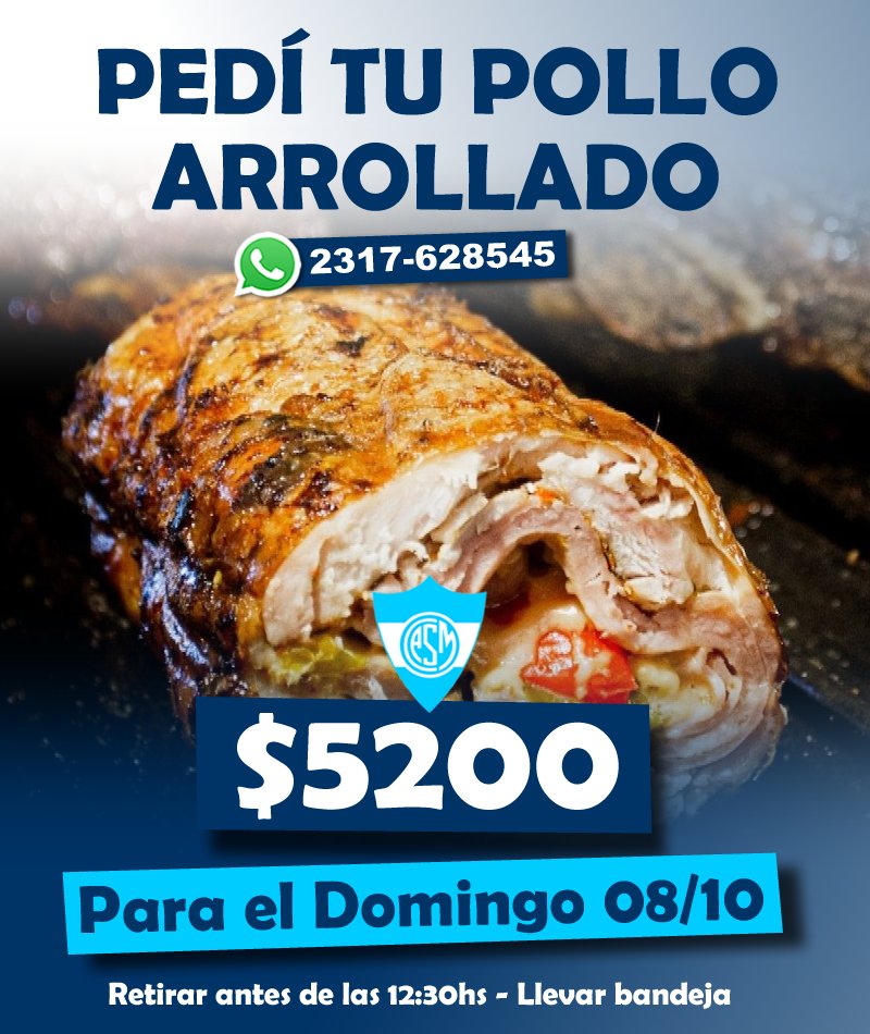 ClubASanMartin's tweet photo. 🍗 Pedí tu #PolloArrollado!!!
📌 Para el Domingo 08 de OCTUBRE!!!

😉 Andá encargándolo a nuestro whatsapp 2317-628545
⚠️ Llevar bandeja y retirar antes de las 12:30hs. del mediodía!!!

#ClubAtléticoSanMartín https://t.co/CaClRN7oDp