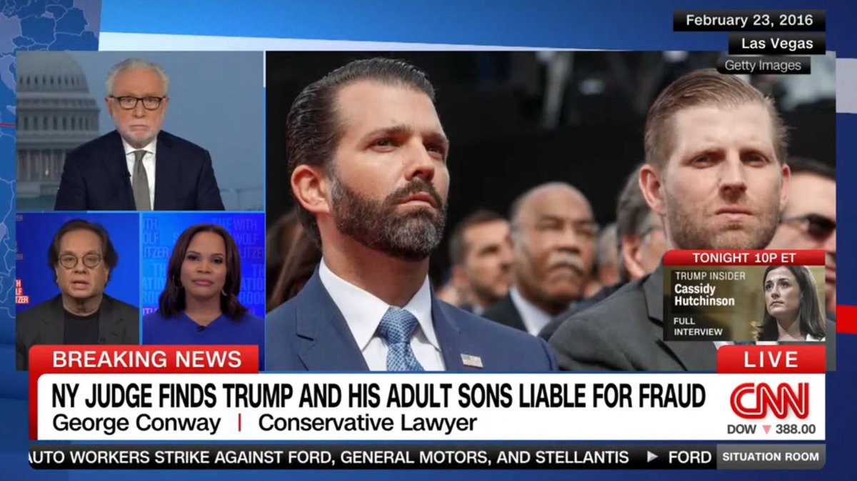 Porter_Anderson's tweet photo. Media: @gtconway3d to @wolfblitzer with @thelauracoates on the New York ruling against #DonaldTrump and his adult sons: "This is essentially the equivalent of the corporate death penalty for the Trump Organization [@Trump] in New York State.  The reason for that is the statute that was invoked. It's called the #MartinAct, it was enacted 102 years ago, and it is an extremely powerful weapon the state can use against fraudsters. It's powerful for a number of reasons. One is that it doesn't require proof of fraudulent intent by the business or its CEO or any of its officers, and it doesn't require proof that the false numbers that are cooked up in the business are actually relied on by anyone. Whether the company is publicly traded or a private corporation like the #Trump corporation, it's enough that the numbers kept on the books are false. Here, there was no dispute that the numbers were false, and substantially so. In fact, Trump's defense -- which isn't a defense under the Martin Act -- was, 'Well nobody was going to rely on this because we basically said nobody should rely on this, because essentially everyone knows I'm lying because I'm a liar.' That's a little bit tendentious but not far from the truth. The other aspect of the Martin Act, which is the most important piece of what happened today, is that it provides for extraordinary remedies, even in the civil context. Those remedies include basically the stripping of the ability to do business in the state of New York and the ordering of the dissolution of a business doing business in New York. That's what the judge did today. No matter what he finds in the damages phase of this trial, the Trump Organization is out of business. And that's not good for Donald Trump."