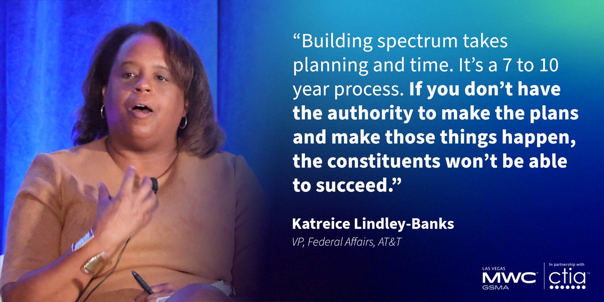 CTIA's tweet photo. During today’s panel on America’s continued wireless leadership, Katreice Lindley-Banks, @ATT VP, Federal Affairs shares that auction authority is essential to ensuring constituents can reap the benefits of #5G spectrum. Follow #MCW23 for more. #MWCPolicy https://t.co/Wnj6sVx84d