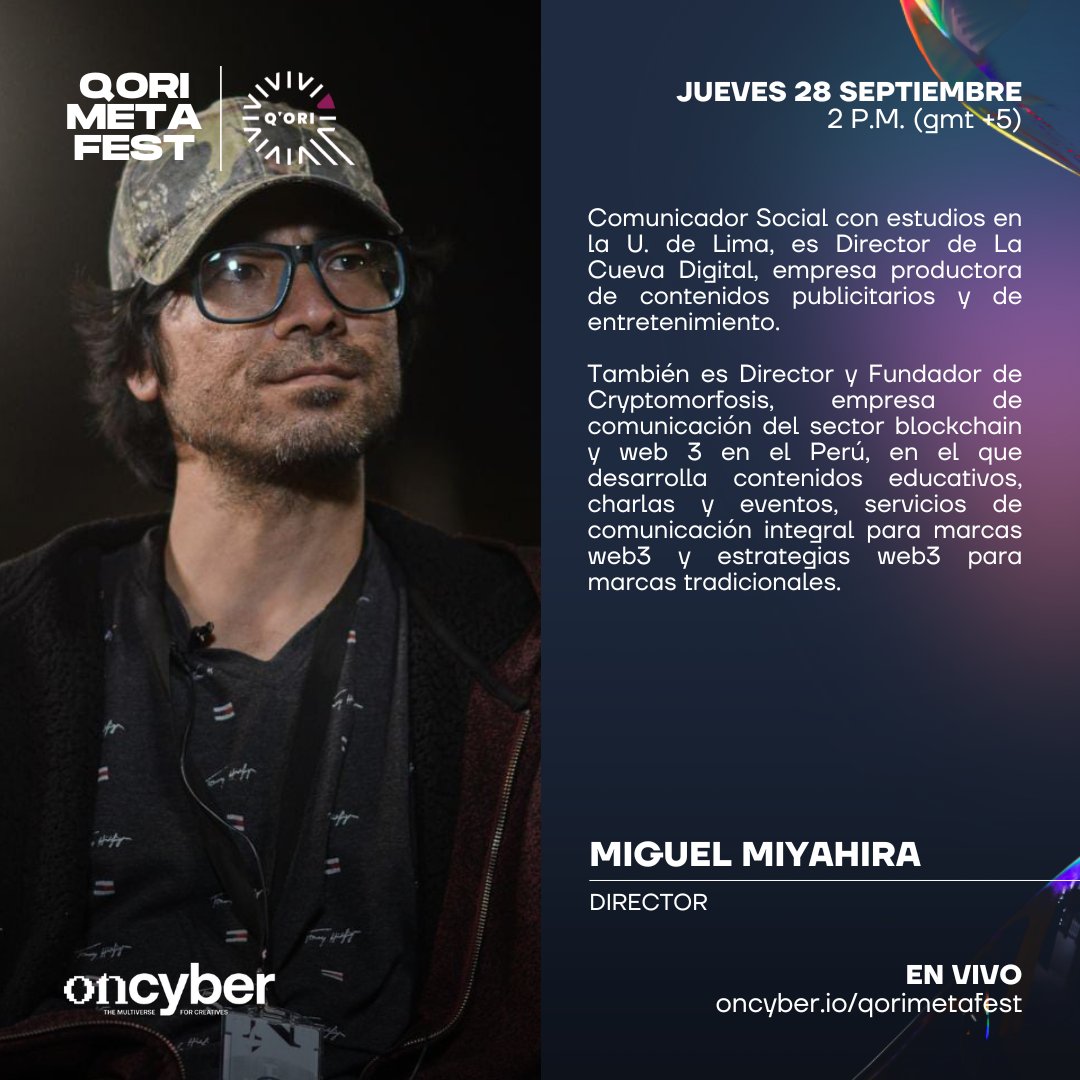 QoriProject's tweet photo. Conoce a #MiguelMiyahira, director de #GenHi8. ¡Disfruta del film completo en el QORI Meta Fest! @cryptomorfosis
📅 Jueves 28/09 2 p.m. (GMT +5)
📍 Metaverso Q'ORI @ @oncyber
🎡 Ingreso libre
🌐 https://t.co/Iz22PzltE5 https://t.co/qqfhwBYhjs