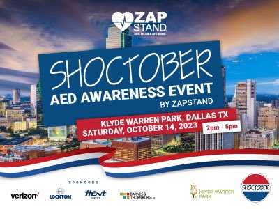 shoctoberaed's tweet photo. #SHOCTOBER AED awareness event is here to save lives in Dallas Sat Oct 14 2pm - 5pm held at @KlydeWarrenPark 
Sponsored by @Verizon 

https://t.co/py8RxNVGw7 https://t.co/qSKyE9TCcW