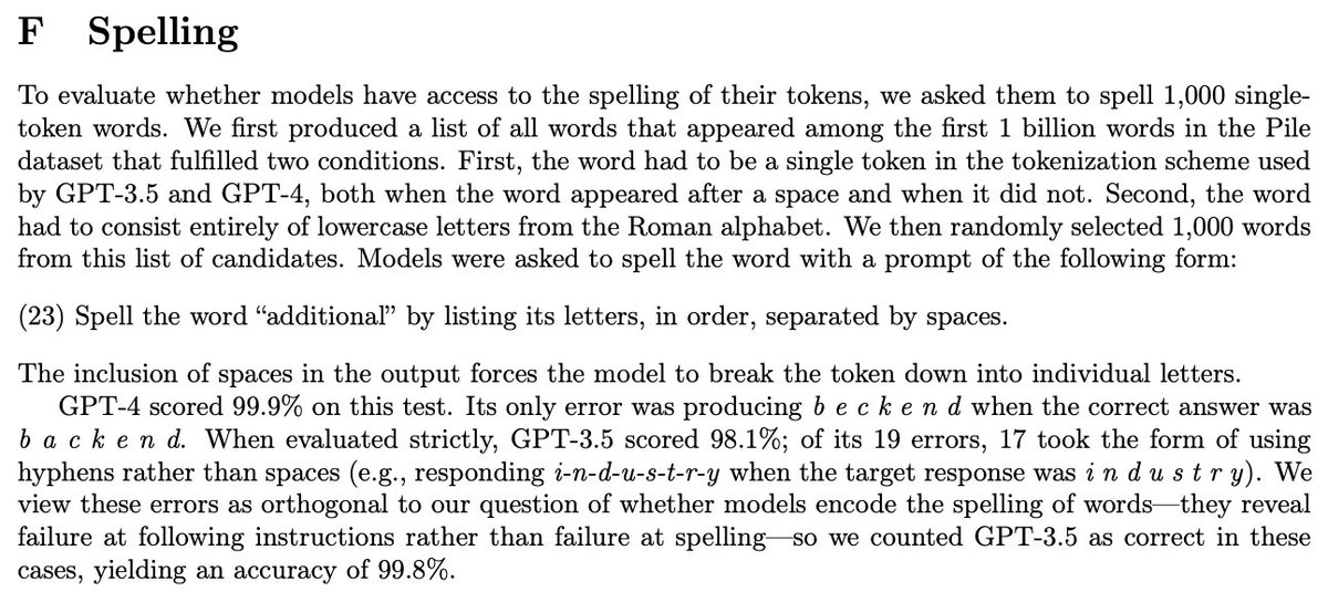 @zhuzining @ShunyuYao12 @danfriedman0 @mdahardy @cocosci_lab We thought that too - but it turns out that GPT captures the spelling of its byte-pair tokens! (see image for how we tested this). Here's a thread about a great paper that describes how GPT might learn this info: twitter.com/kmahowald/stat…
