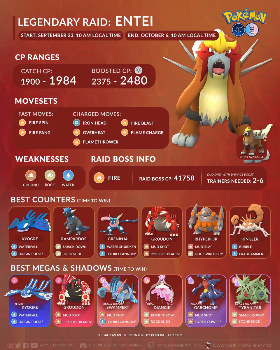coupleofgaming's tweet photo. The legendary beast trio #Raikou , #Entei & #Suicune will be getting a mixed #LegendaryRaidHour in #PokemonGO 🐶⚡️🔥💧
Will you be going after #ShinyRaikou , #ShinyEntei or #ShinySuicune ? 👀
Don’t forget to tune in to our Twitch livestream of you need raid invites 👇🏻
https://t.co/6Hgnd2lROo