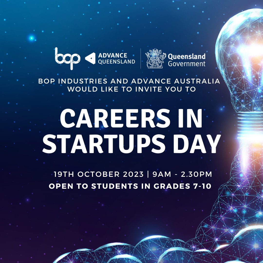 Join us for Careers in Startups Day! Explore exciting opportunities in the startup world. Inspiring speakers, panel discussions, and hands-on experiences. Email info@bopindustries.com for inquiries. #youngentrepreneurs #youngstartups #queenslandchiefentrepreneur #advanceqld