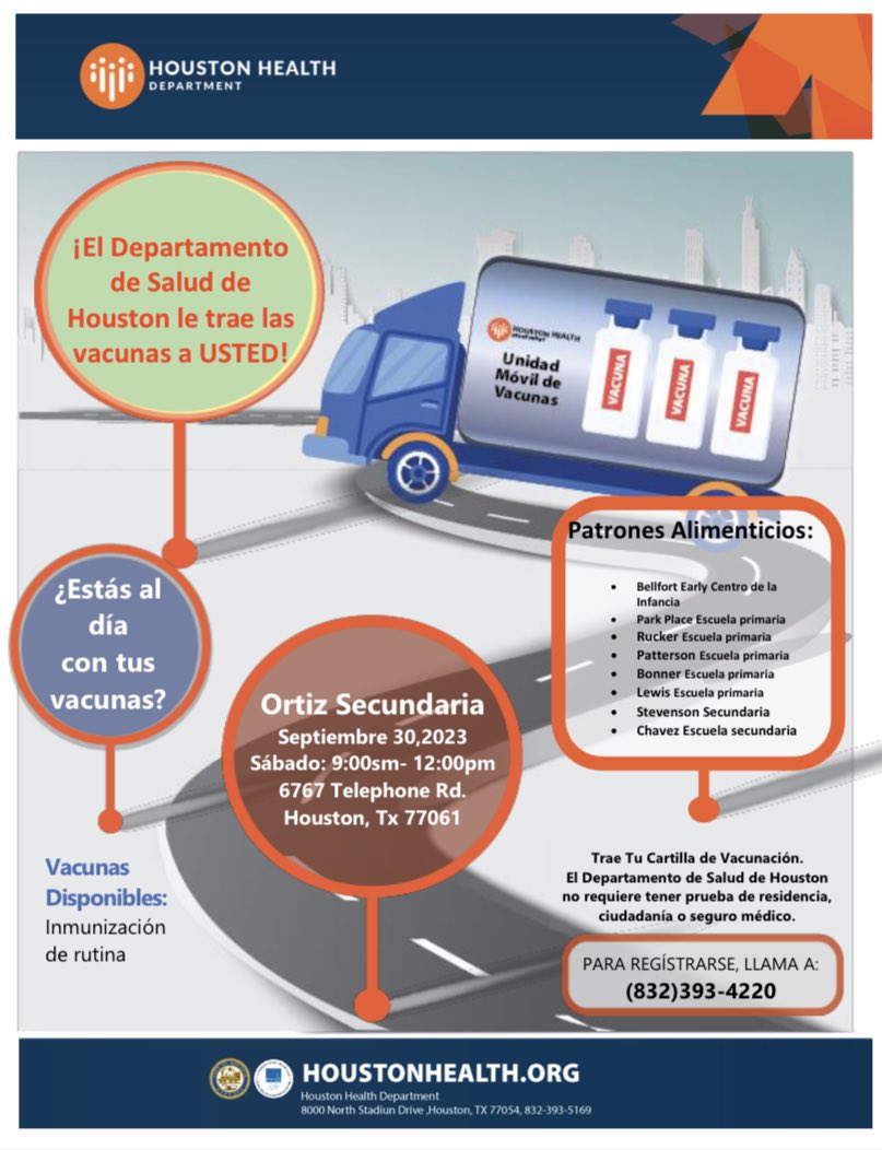 In partnership with <a href="/HoustonHealth/">Houston Health Dept</a>, we’re hosting a free vaccine clinic this Saturday 9/30! 
If your child is catching up on required vaccines or has not received their 11 year old vaccines, please take advantage of this free event!

Call (832) 393-4220 to register! @HisdSouth