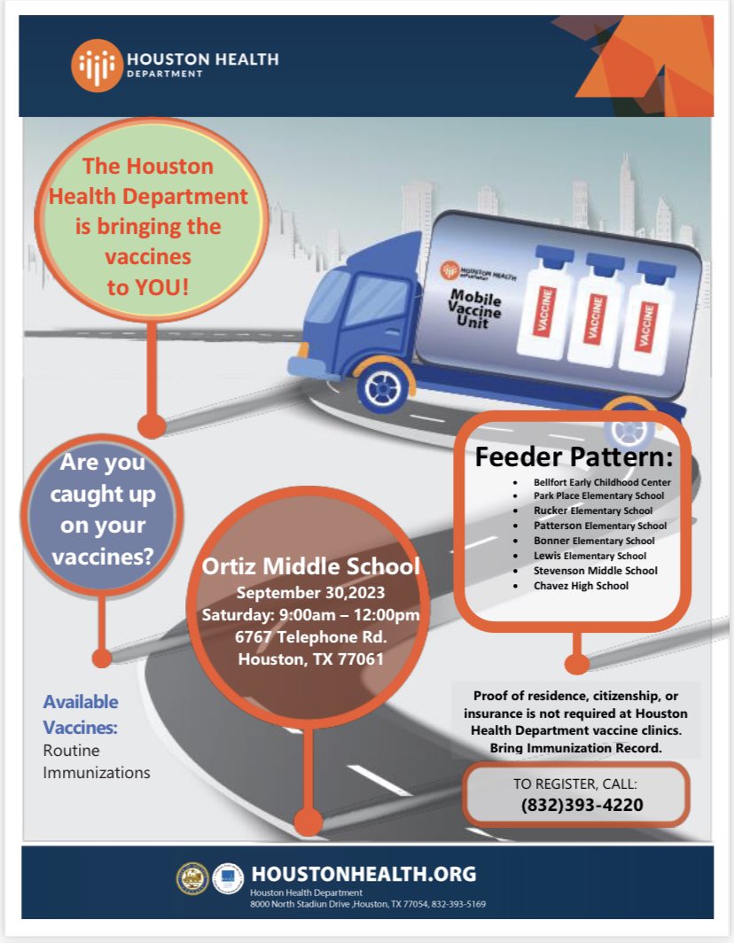 HISD_OrtizMS's tweet photo. In partnership with @HoustonHealth, we’re hosting a free vaccine clinic this Saturday 9/30! 
If your child is catching up on required vaccines or has not received their 11 year old vaccines, please take advantage of this free event!

Call (832) 393-4220 to register! @HisdSouth https://t.co/Fyfz0H4AI0