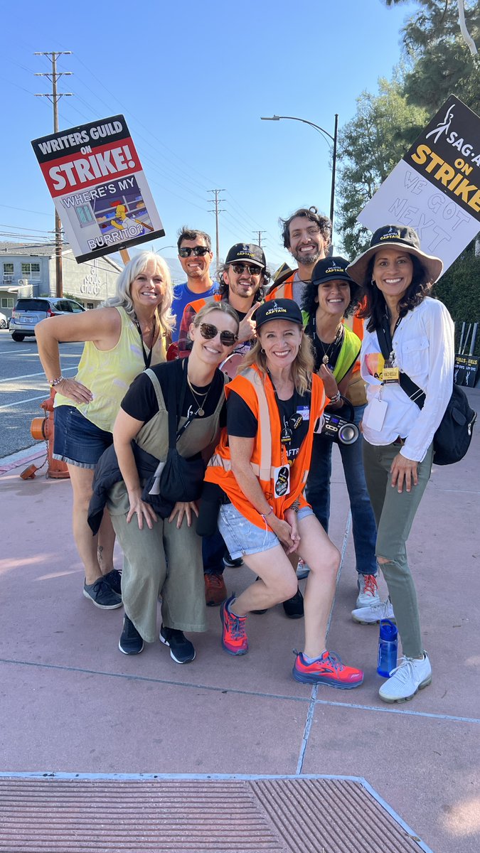 An electrifying, amazing day, on the <a href="/sagaftra/">SAG-AFTRA</a>  picket line. My fellow Strike Captains, staff member Shelly Benedict, Gate Captain Jeff Torres, &amp; @carlos_cisco,  just one of the many <a href="/WGAWest/">Writers Guild of America West</a> members on the line supporting us. #sagaftrastrong #sagaftrastrike #solidarity #sagaftra