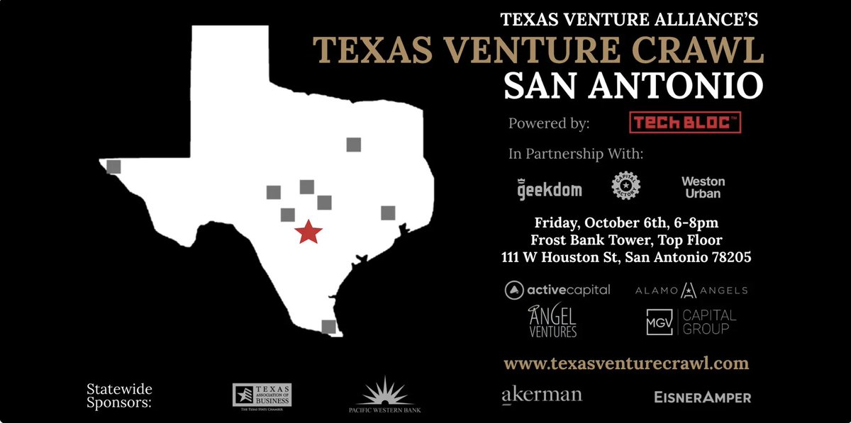 Tech Bloc (@satechbloc) on Twitter photo We sold out of the initial batch of tickets so we opened it up for more! 😱
Get your FREE tickets to the <a href="/TXVentureCrawl/">TexasVentureCrawl</a> we are co-hosting with Texas Venture Alliance in partnership with our San Antonio Ecosystem <a href="/CapitalFactory/">Capital Factory ⚙️</a>, <a href="/Geekdom/">Geekdom</a> & <a href="/westonurban/">WestonUrban</a>!
lu.ma/texas-venture-… We sold out of the initial batch of tickets so we opened it up for more! 😱
Get your FREE tickets to the <a href="/TXVentureCrawl/">TexasVentureCrawl</a> we are co-hosting with Texas Venture Alliance in partnership with our San Antonio Ecosystem <a href="/CapitalFactory/">Capital Factory ⚙️</a>, <a href="/Geekdom/">Geekdom</a> & <a href="/westonurban/">WestonUrban</a>!
lu.ma/texas-venture-…