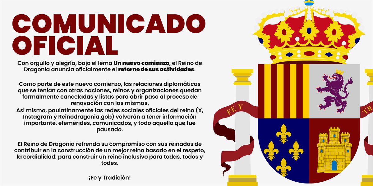 Con orgullo y alegria, bajo el lema “Un nuevo comienzo”, el Reino de Dragonia anuncia oficialmente el retorno de sus actividades.