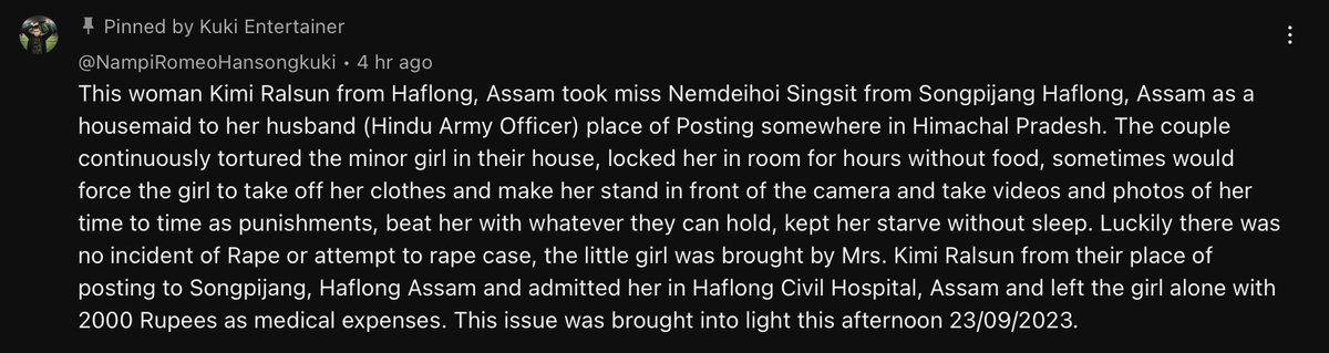 Kimi Ralsun Yadav, a famous Kuki singer n entertainer abused her minor Kuki maid from Haflong along with her Army Major husband badly. The girl was tortured, stripped naked and photographed &amp; finally abandoned at a hospital with just Rs. 2k. #KukiAtrocities #KukiWarCrimes